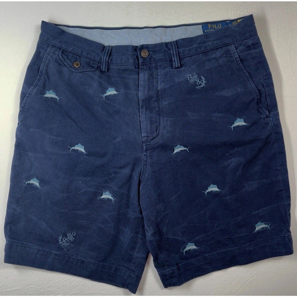 Polo Ralph Lauren Shorts Chino Size 33 Classic Sailfish Achors Waves Pony Blue